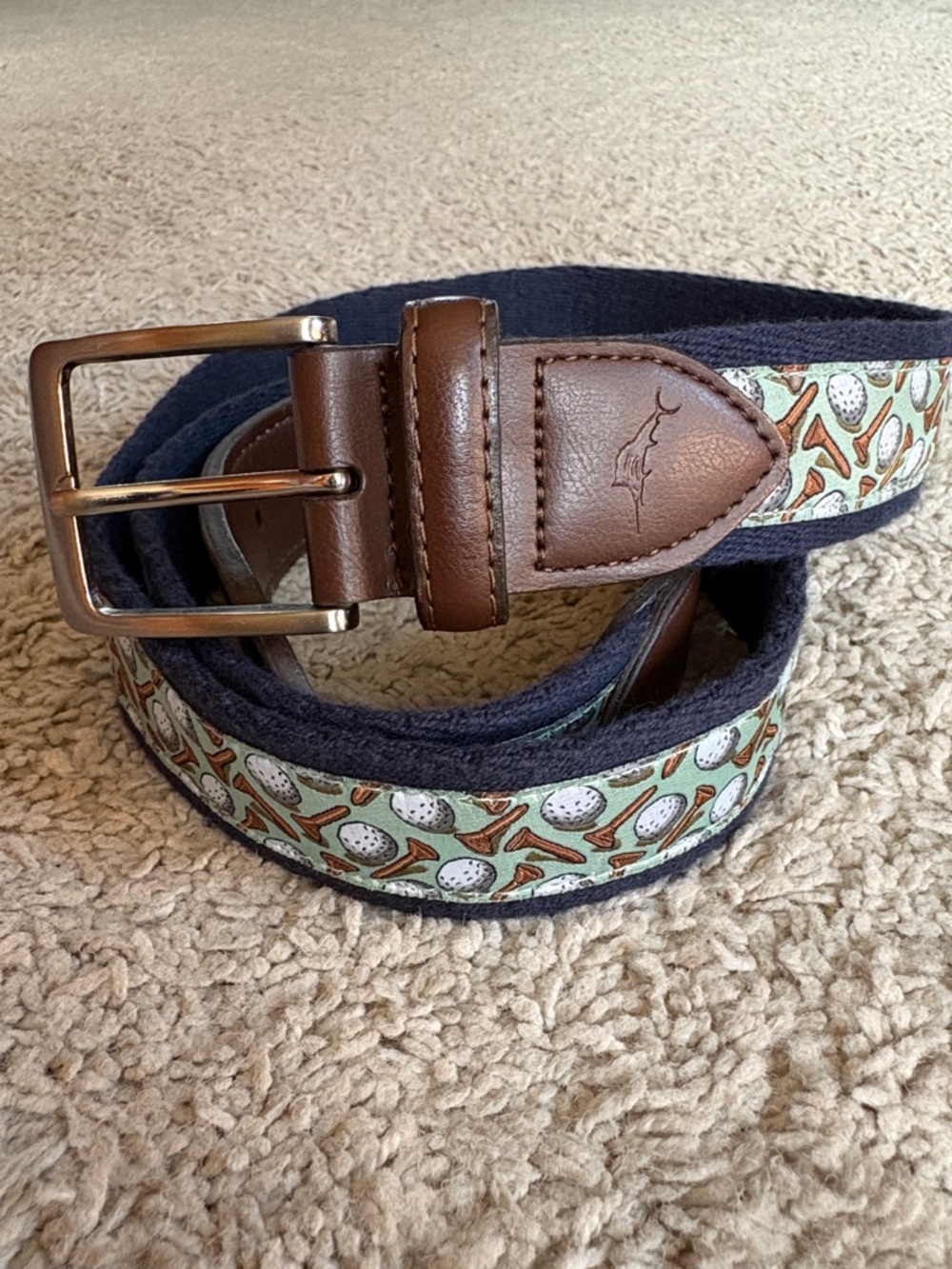 Tommy Bahama Navy & Mint Golf Pattern Men’s Belt with Brown Leather Trim